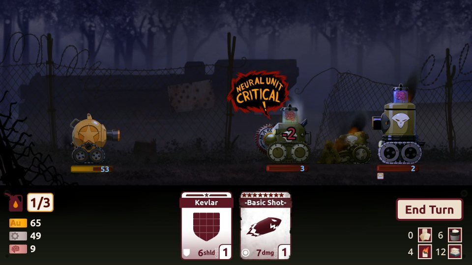 A tank battle at night. An enemy tank is wrecked with its neural unit exposed, labelled Neural Unit Critical.