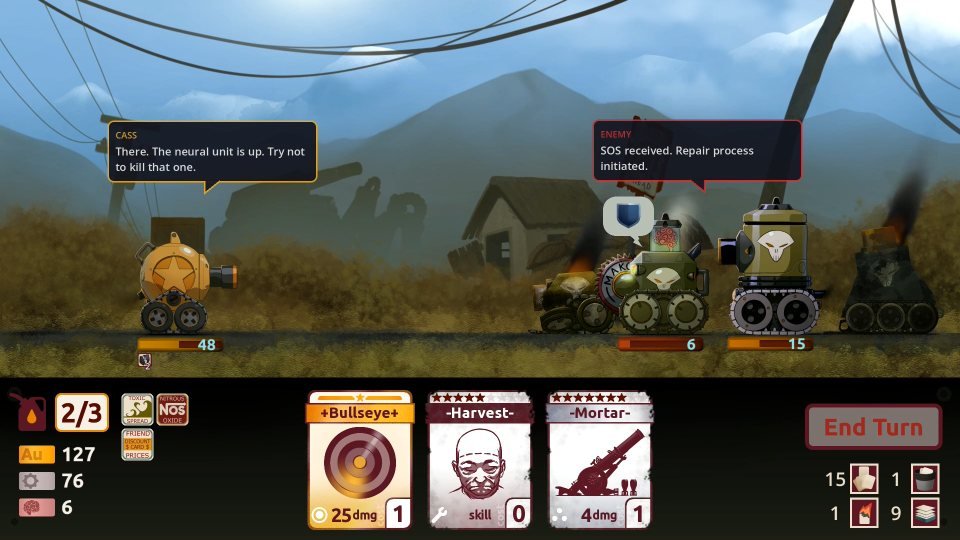 An enemy tank radios for repairs while another sits wrecked with its neural unit exposed.