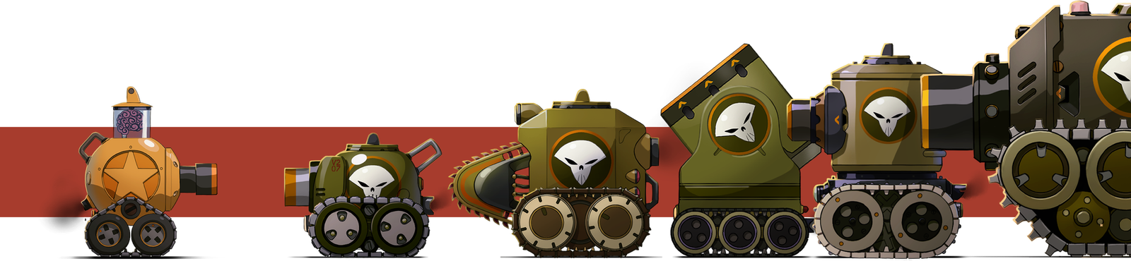The player tank on the left, then five PowderKeg enemy vehicles getting progressively larger.